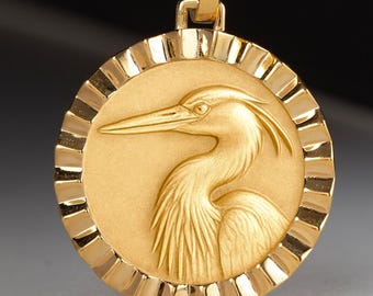 14Kゴールドヘロンメダリオン、野鳥ネックレス、パーソナライズジュエリー