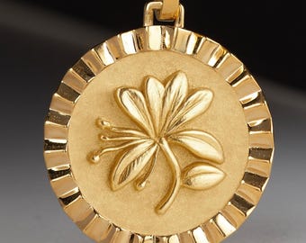 14K Gold Sunshine Honeysuckle Medallion, Personalized June Birthflower Gift Necklace