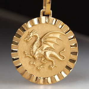 Puede incluir: Collar con colgante dorado con un diseño detallado de dragón. El colgante circular tiene un borde texturizado y cuelga de una cadena de cuerda a juego. El dragón está representado con alas y escamas. Cadena y colgante dorados.