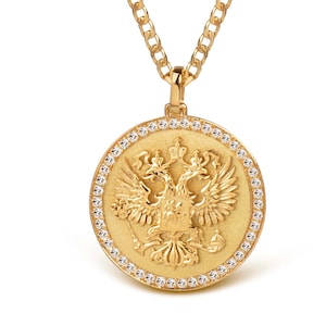 14K Gold Diamond Double-Headed Eagle Pendant: Byzantine Necklace