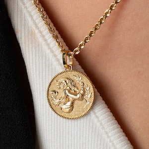 Pingente de Virgem em ouro maciço 14K, colar do zodíaco de Virgem, joias do zodíaco de agosto e setembro, pingente personalizado do signo do zodíaco, colar de astrologia