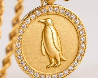 14K Gold Diamond Penguin Pendant Necklace, Animal Jewelry