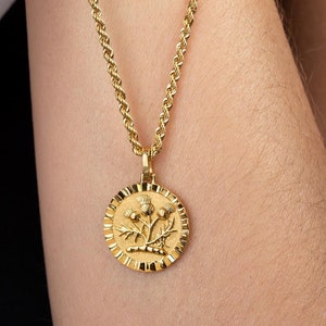 14K Gold Scottish Thistle Pendant: Personalized Celtic Disc Necklace