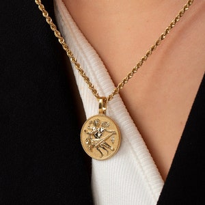 14K Solid Gold Zwillinge Sternzeichen Anhänger, Sternzeichen Disc Halskette, Sternzeichen Schmuck, Mai Geburtstagsgeschenk, Zwilling Charme, Zwilling Geschenk