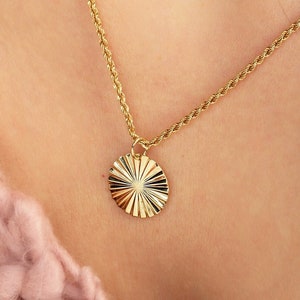 14K Solid Gold Sunburst Pendant Necklace: Hand-Carved Sun Ray Charm