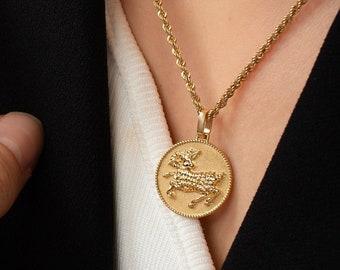 14K Solid Gold Aries Necklace, Aries Zodiac Sign Coin Pendant, Personalized Horoscope Jewelry, Astrology Sign Charm, Birthday Aries Gift