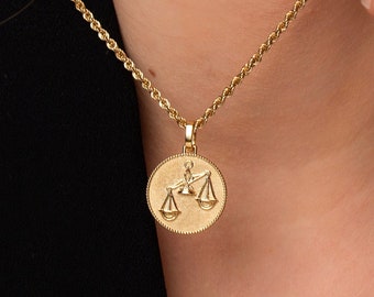 14K Solid Gold Libra Zodiac Necklace: Personalized Astrological Pendant