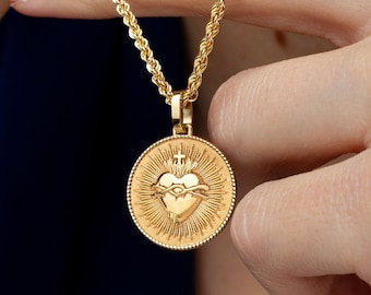 14K Solid Gold Sacred Heart Pendant, Gold Religious Coin Necklace, Heart Of Jesus Jewelry, Catholic Pendant, Flaming Sacred Heart Necklace