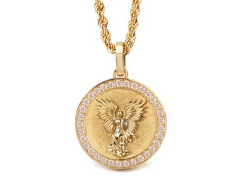 14K Gold Diamond Michael Archangel Necklace, Personalised Religious Disc Jewelry, Gold Diamond Archangel Coin Pendant, Gold Religious Gift