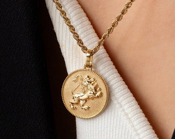 14K Solid Gold Leo Zodiac Sign Necklace, Leo Disc Pendant, Personalized Lion Jewelry, Astrology Birthday Gift, Horoscope Charm, Leo Pendant