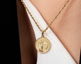 14K Solid Gold Sagittarius Necklace: Horoscope Zodiac Pendant