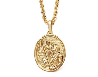 14K Solid Gold Saint Christopher Necklace, Traveler's Protection Medallion, Personalized Orthodox Pendant, Religious Jewelry, Catholic Gift