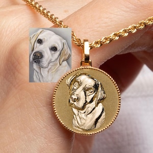 14K Gold Custom Pet Portrait Necklace: Personalized Dog Memorial Pendant