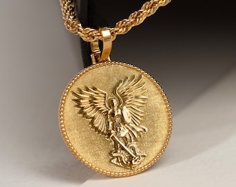 14K Gold Erzengel Michael Medaillon Halskette: Personalisierter Schutzengel Schmuck