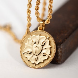 14K Solid Gold Luther Rose Pendant: Christian Necklace