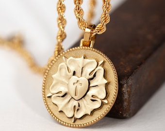14K Solid Gold Luther Rose Pendant: Christian Necklace