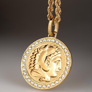 14K Gold Alexander The Great Necklace, Diamond Alexander Pendant, Alexander Head Charm, Greek Jewelry, King of Macedonia Charm, Greek Coin