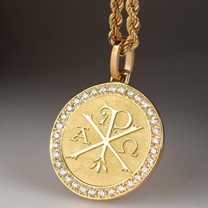 14K Gold Chi Rho Necklace, Diamond Christ Monogram, Alpha Omega Christogram Pendant, Christian Orthodox Protection Charm, Gift for Baptism