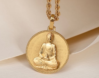 14K Solid Gold Buddha Necklace, Jade Buddha Pendant, Buddhism Disc Jewelry, Spiritual Buddhism Charm, Religious Necklace, Buddha Pendant