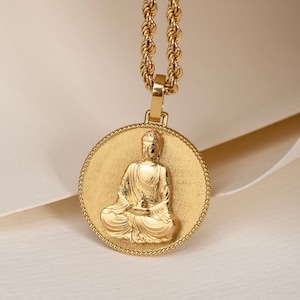 14K Solid Gold Buddha Necklace: Buddhism Disc Pendant
