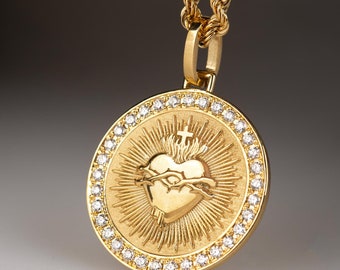 14K Gold Diamond Sacred Heart of Jesus Necklace For Women, Religious Protection Amulet, Personalized Gift For Daughter, Diamond Coin Pendant