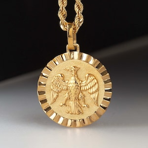 14K Solid Gold Eagle Pendant: Personalized Bird Medallion Necklace