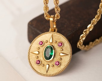 14K Gold Oval Emerald Byzantine Necklace: Ancient Greek Pendant