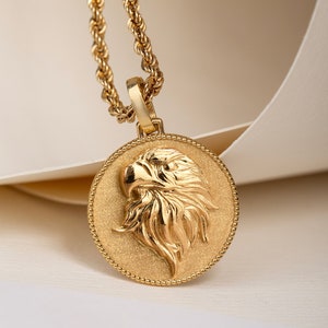 14K Solid Gold Eagle Head Pendant Necklace - Animal Bird Charm