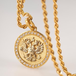 14K Gold Diamond Orthodox Necklace: Byzantine Double-Headed Eagle Pendant