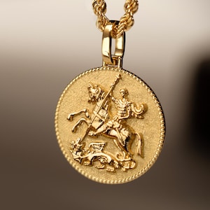 Sovereign Coin Medallion, 14K Gold Saint George Necklace, Protection Jewelry, Byzantine Gold Charm, Personalized Greek Orthodox Pendant
