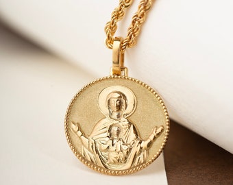14K Solid Gold Virgin Mary Pendant Necklace: Religious Protection Charm