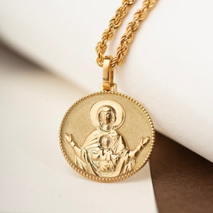 14K Massivgold Jungfrau Maria Anhänger Halskette: Religiöser Schutzanhänger