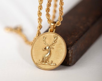 14K Solid Gold Stag Necklace, Deer Jewelry, Gold Coin Necklace, Hunter Pendant, Wild Life Medallion, Buck Necklace, Stag Deer Jewelry