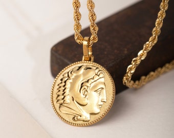 14K Gold Alexander the Great Necklace, Alexander Head Pendant, Macedonian Jewelry, Ancient Greek Coin Necklace, Greek Mythology Pendant