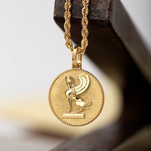 14K Solid Gold Sphinx Pendant, Egyptian Coin Necklace, Mythical Sphinx Jewelry, Mythology Charm, Personalized Egyptian Sphinx Necklace