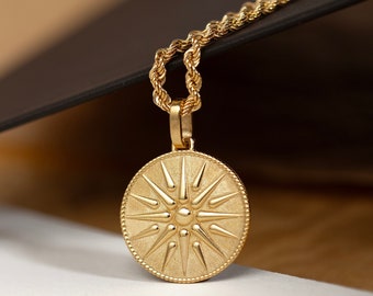 14K Solid Gold Vergina Sonne Halskette, griechische Sonne Anhänger, griechische Mythologie Charme, altgriechischer Schmuck, griechische Münze Halskette, symbolischer Anhänger
