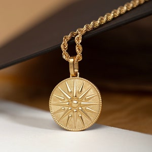 14K Solid Gold Vergina Sun Necklace, Greek Sun Pendant, Greek Mythology Charm, Ancient Greek Jewelry, Greek Coin Necklace, Symbolic Pendant