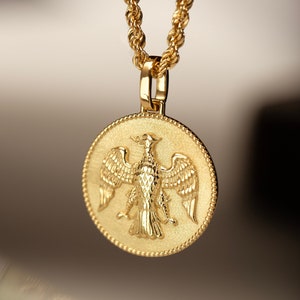 14K Solid Gold Eagle Medallion, Dainty Falcon Bird Pendant, Gold Bird Necklace, Eagle Disc Jewelry, Mens Eagle Pendant, Gold Eagle Necklace