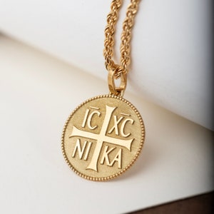 14K Gold EC XC NIKA Kreuz Halskette, Konstantin Münzanhänger, griechisch kyrillischer Schmuck, Schutzanhänger, religiöse Halskette, christliches Geschenk