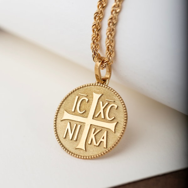 14K Gold IC XC NIKA Cross Necklace, Constantine Coin Charm, Greek Orthodox Jewelry, Protection Pendant, Religious Necklace, Christian Gift