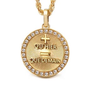 14K Gold Diamond Love Pendant: &quot;Qu’hier – Que Demain&quot; Augis Medal