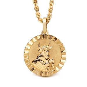 14K Solid Gold Taurus Necklace: Zodiac Medallion Pendant