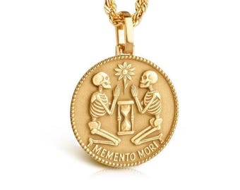 14K Solid Gold Memento Mori Charm: Skulls Necklace, Gothic Charm