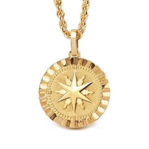 14K Solid Gold North Star Compass Medallion Necklace