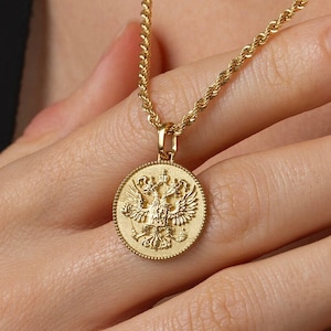 14K Solid Gold Double-Headed Eagle Pendant: Personalized Byzantine Necklace