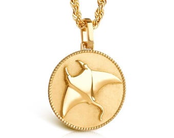 14K Solid Gold Manta Ray Necklace: Gold Sea Animal Pendant, Ocean Coin Jewelry