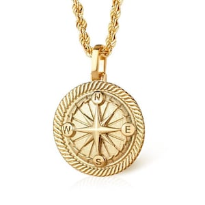14K Solid Gold Compass Medallion Necklace: Nautical Jewelry Gift
