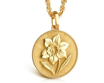 14K Solid Gold Daffodil Necklace: March Birth Flower Charm