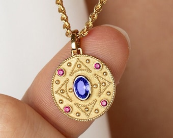14K Gold Oval Saphir byzantinischer Halskette, Anhänger römischer Stil, byzantinischer Schmuck, blauer Saphir Anhänger, mittelalterliche Halskette, italienischer Charme