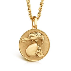 14K Gold Raven Skull Necklace: Gothic Memento Mori Jewelry